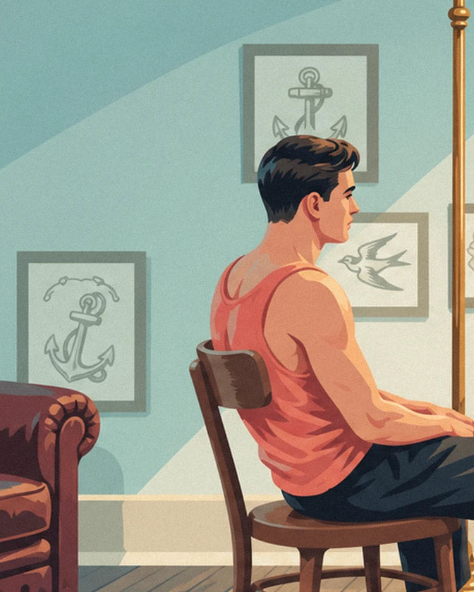 Le client en débardeur rose, assis sur sa chaise devant les dessins d'ancres et d'hirondelle