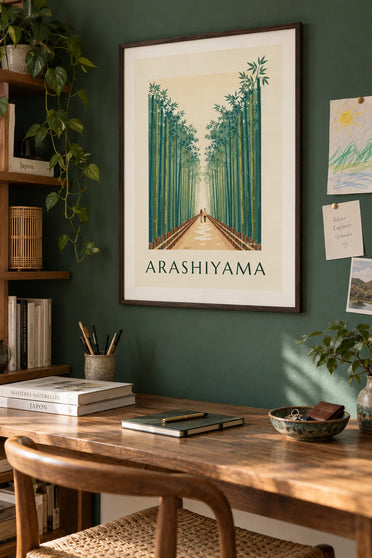 Póster sendero del bosque de bambú de Arashiyama en Kioto: enmarcado en la pared