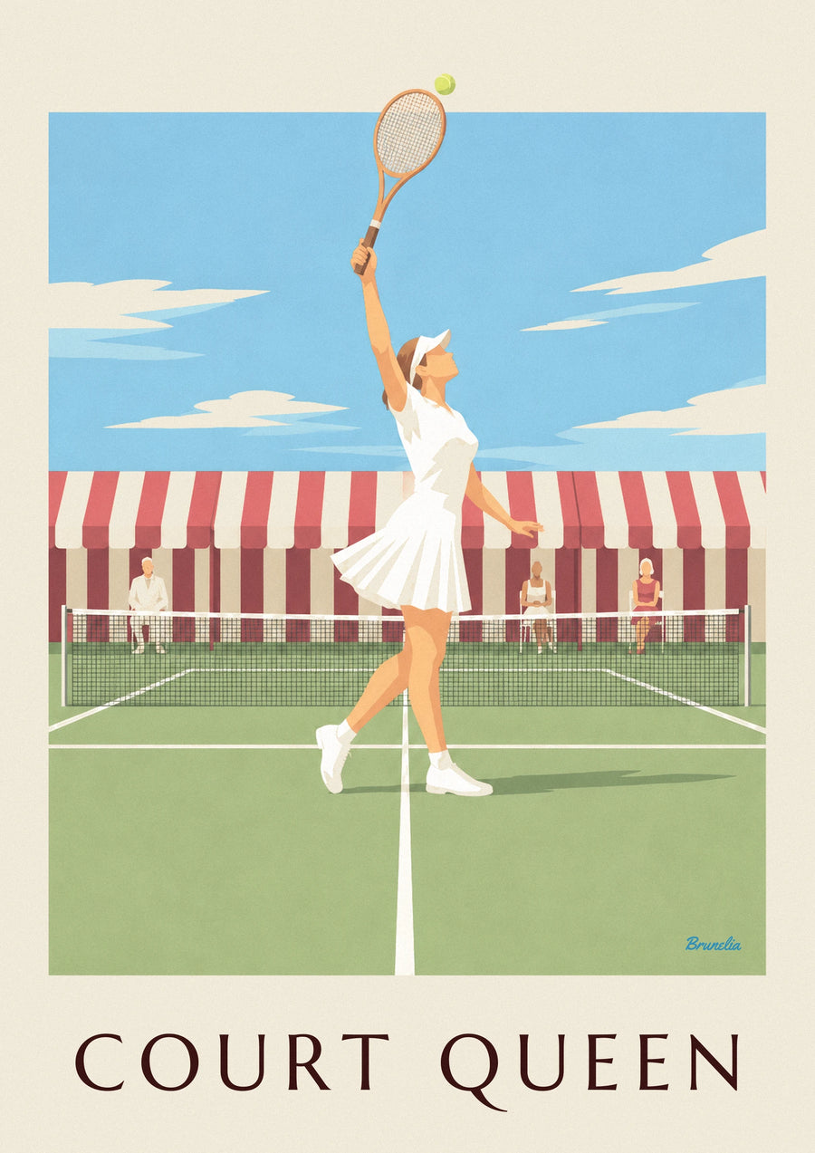 Póster jugadora de tenis con falda plisada y visera sobre hierba
