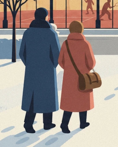 Les 2 personnages de dos en manteaux bleu et corail, avec un sac brun sur la neige