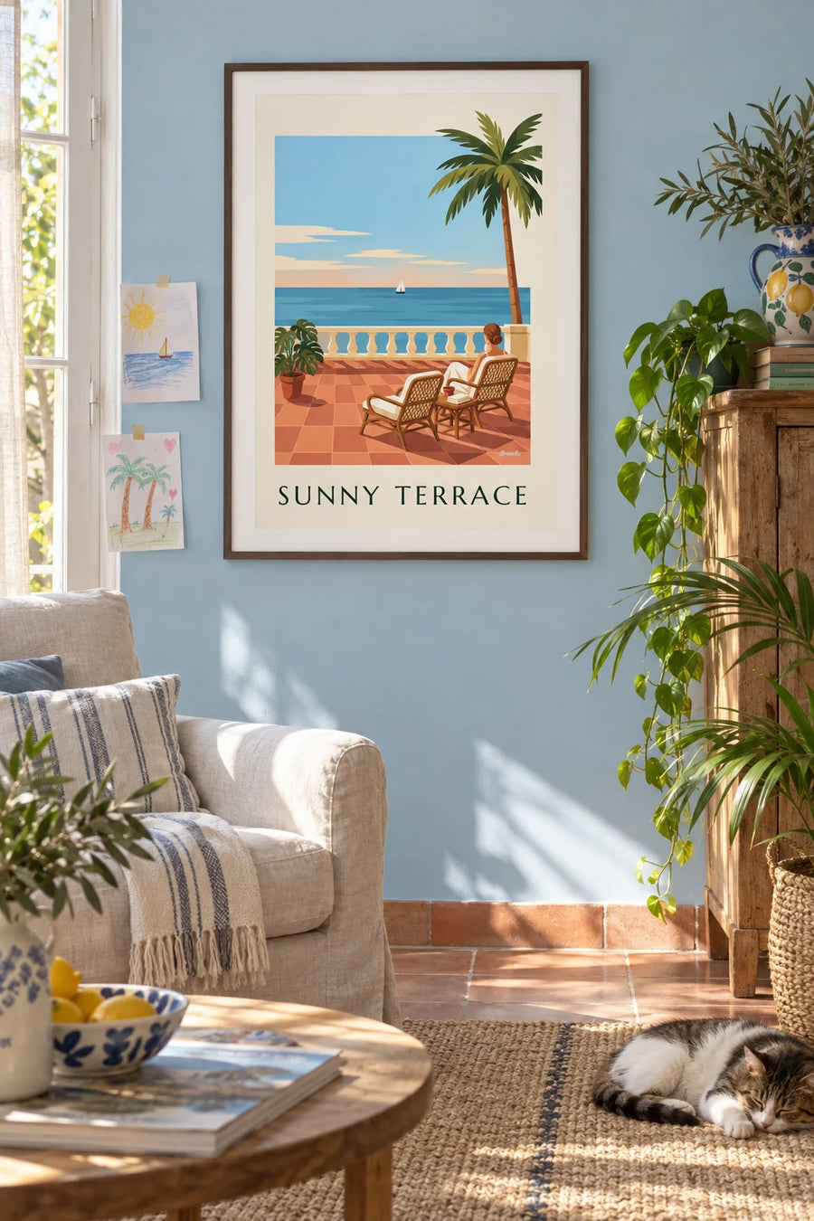 Poster of a tropical terrace, rattan armchairs and a sea view: framed on the wall