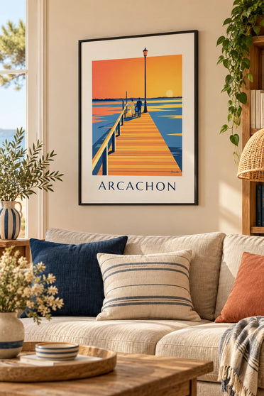 Póster del embarcadero Thiers de Arcachon al atardecer: enmarcado en la pared