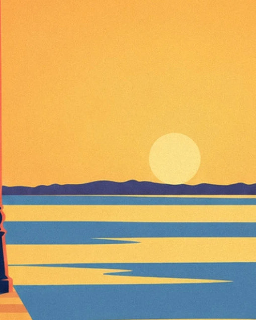 The pale sun sinking over the purple hills and blue water of the basin
