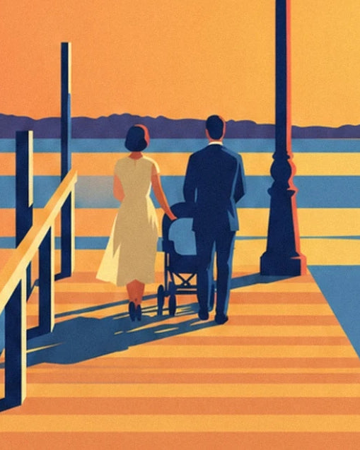 The couple seen from behind with their pram on the pier at sunset