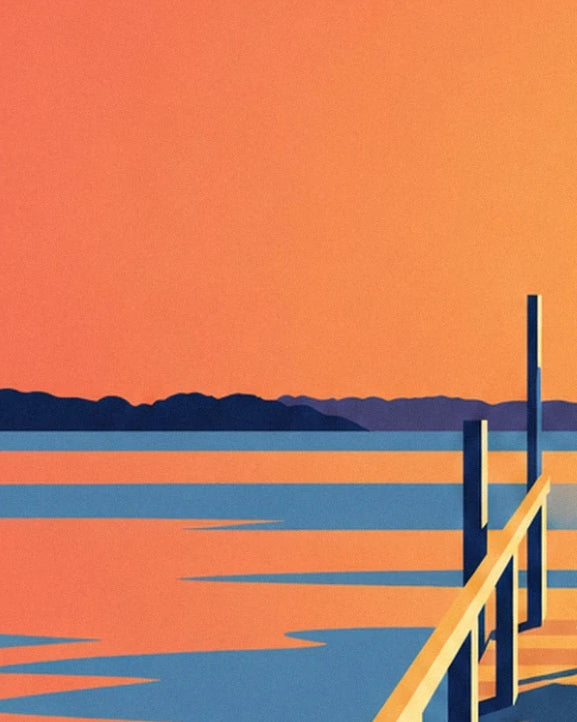 The orange basin at dusk, the dark shore in the distance and the pier railing