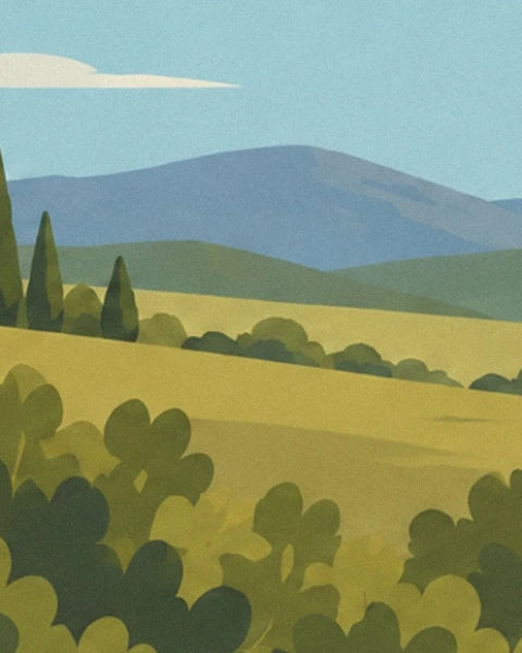 The blue-tinged hills behind the golden fields, cypress trees and green bushes