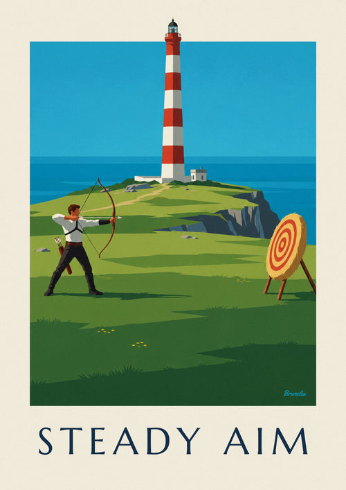 Affiche archer sur une falaise face à la mer et au phare : l'affiche entière