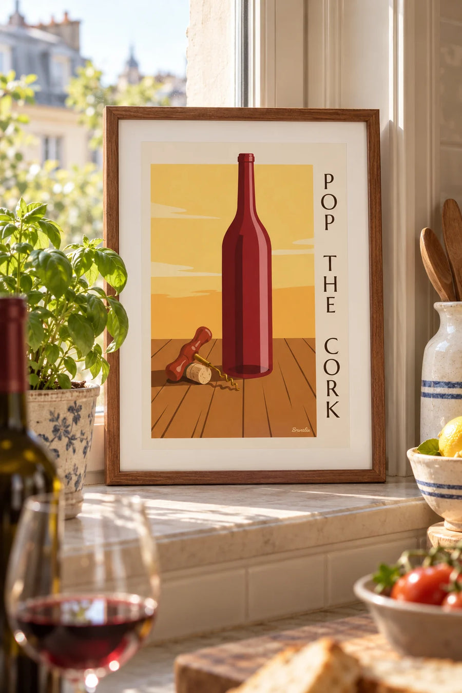 Affiche tire-bouchon ancien et bouteille de vin : petit format A4 encadré