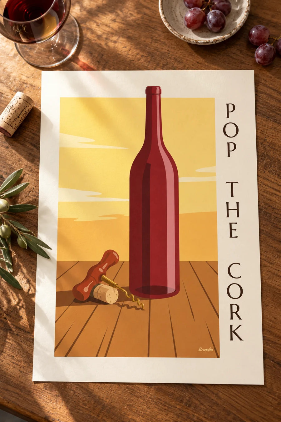 Poster of a vintage corkscrew and wine bottle: placed on a table