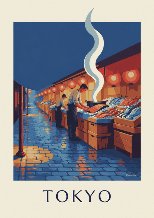 Póster del mercado de pescado de Tokio bajo los farolillos: el póster completo