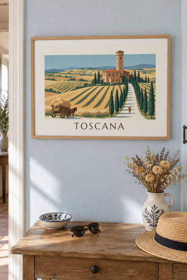 Póster villa toscana, camino de cipreses y colinas de trigo: enmarcado en la pared