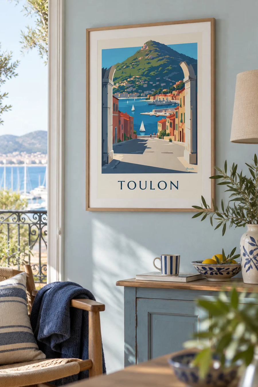 Affiche port de Toulon vu sous une arche de pierre : encadrée au mur