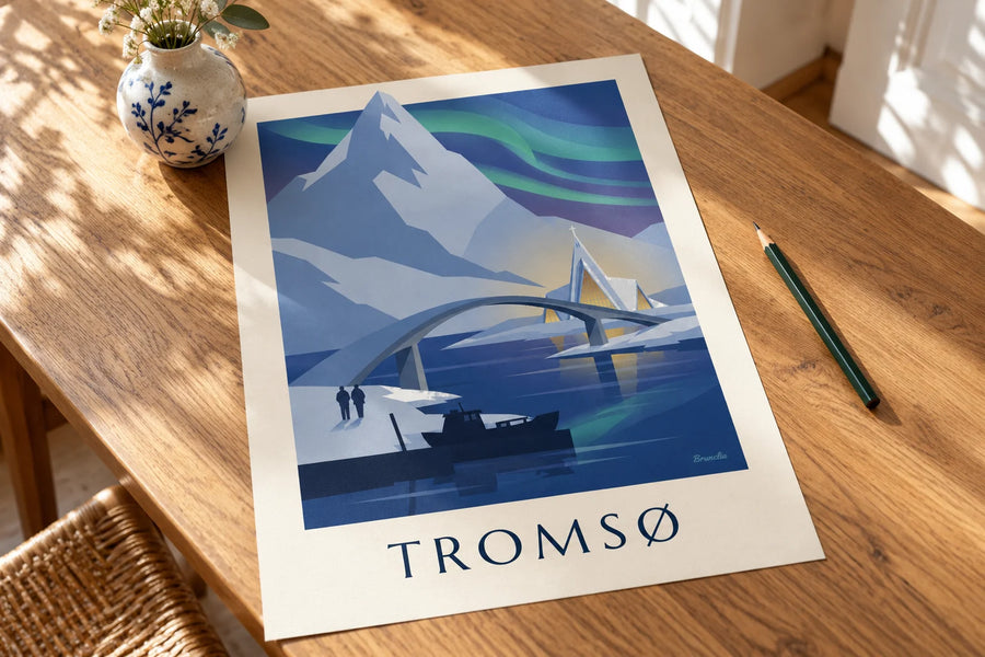 Póster de Tromsø, puerta del Ártico, y auroras boreales: sobre una mesa
