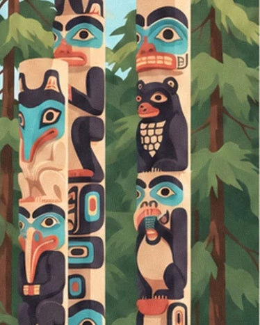 Des totems aux visages turquoise et aux animaux noirs parmi les conifères