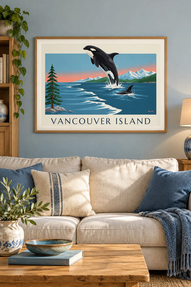 Póster de una orca y las montañas de la isla de Vancouver, en Canadá: enmarcado en la pared
