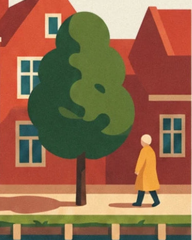 Un personnage en manteau jaune près d’un arbre, devant les maisons rouges