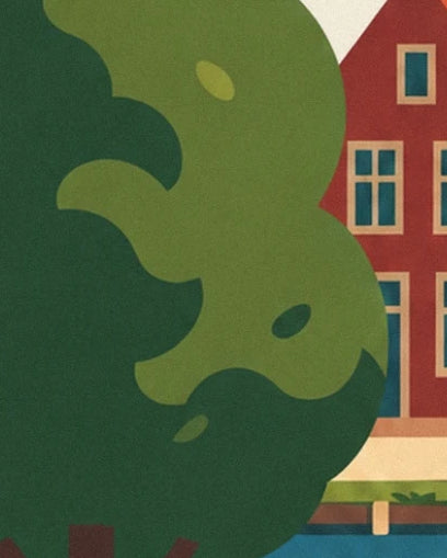 Le feuillage vert d’un arbre devant une façade rouge aux fenêtres crème