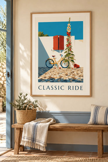 Póster de una bicicleta clásica amarillo mostaza y azul: enmarcado en la pared