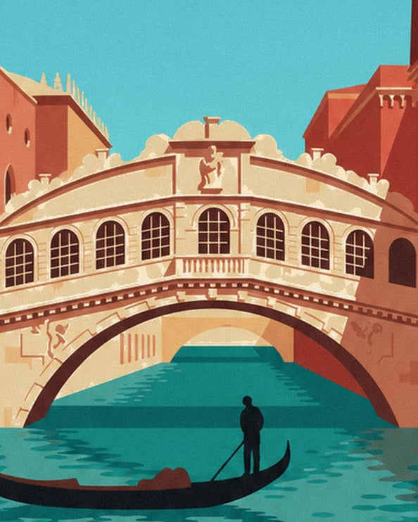 Le pont des Soupirs aux fenêtres cintrées et une gondole sur le canal turquoise