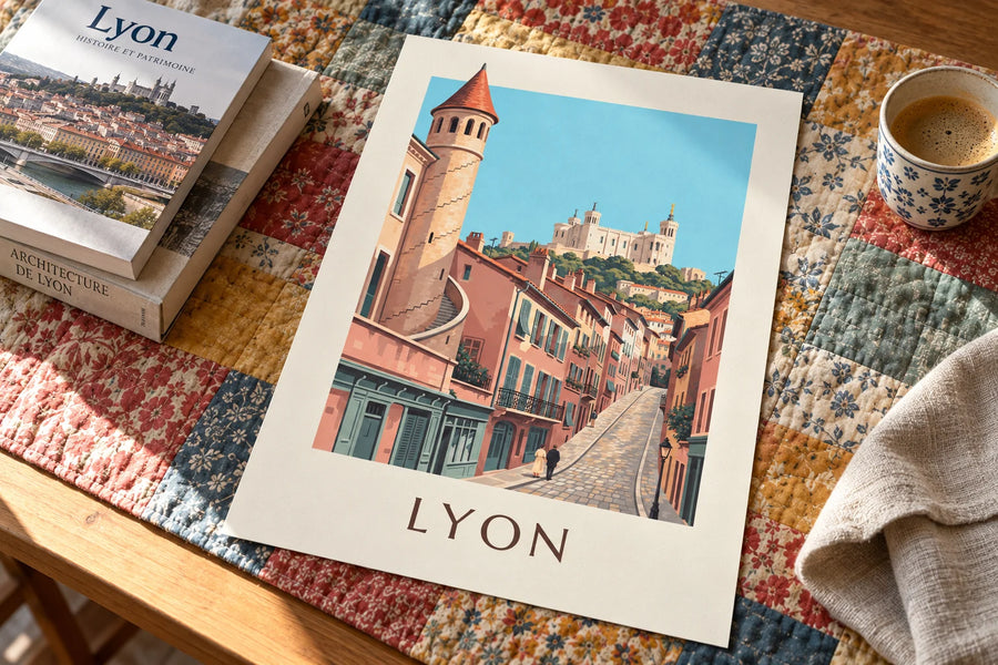 Póster de las fachadas renacentistas del Viejo Lyon y Fourvière: apoyado sobre una mesa