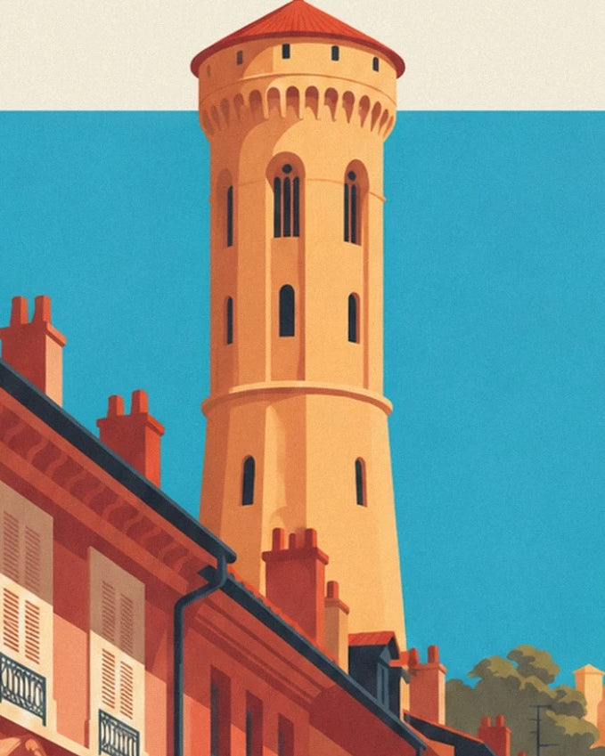 The ochre tower with a red roof above the façades and chimneys of Vieux Lyon