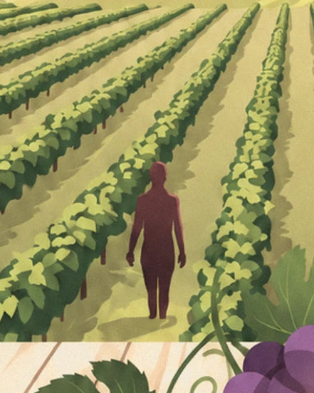 A winemaker in burgundy silhouette between 2 rows of vines, beneath the sun