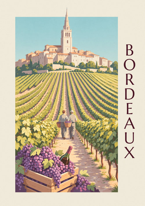 Affiche vendanges à Saint-Émilion, caisse de raisin et vignes dorées : l'affiche entière