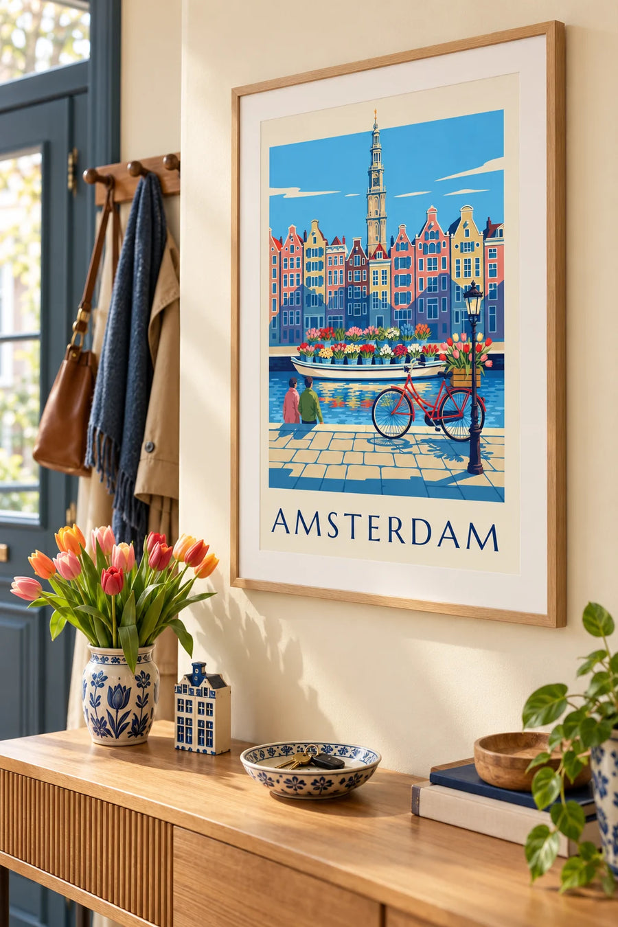 Póster de bicicleta y tulipanes en el mercado de flores de Ámsterdam: enmarcado en la pared