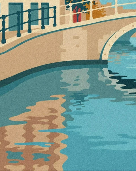 Rippling beige and blue reflections in the canal water, beneath the stone bridge arch
