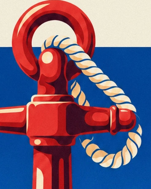 The red anchor ring and its loop of cream rope over the blue sea