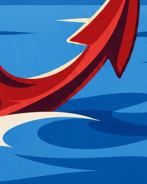 The red arm of the anchor with its upturned tip, above blue reflections