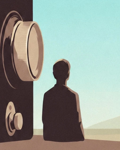 The silhouette of a figure sitting at the foot of the camera, facing the desert and turquoise sky