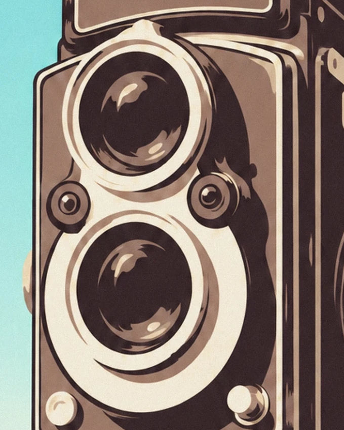 The twin-lens camera's 2 cream-rimmed lenses against a chocolate brown background