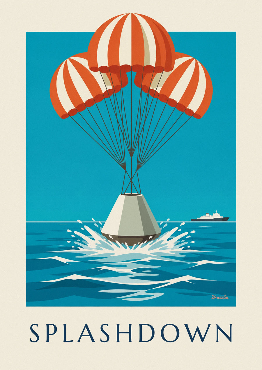 Póster de cápsula espacial amerizando en el océano