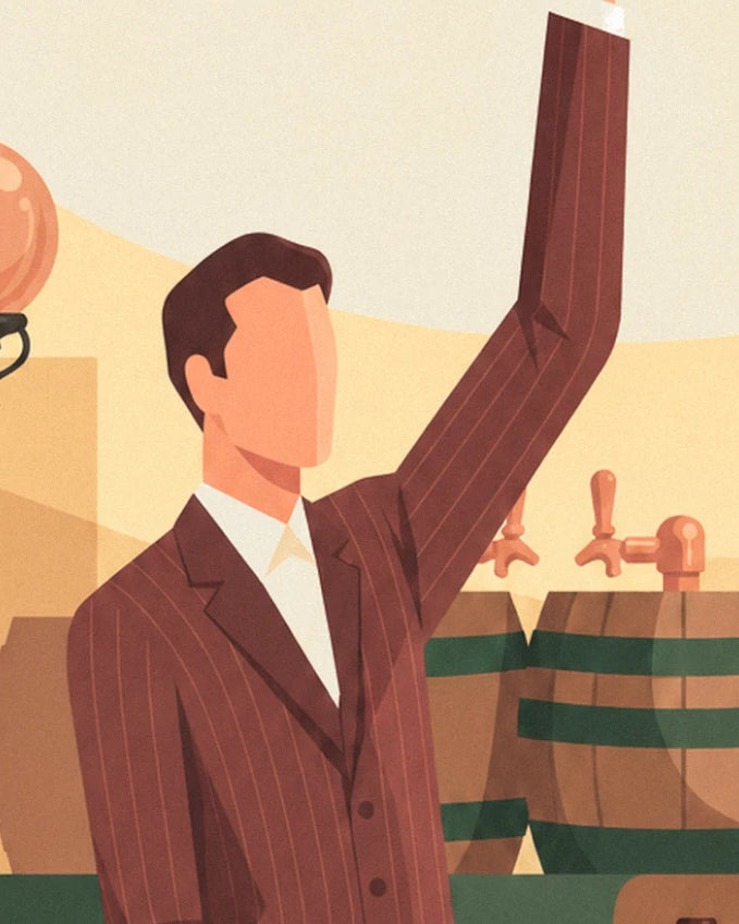 L'homme en costume rayé bordeaux, bras levé, devant les fûts et les tireuses à bière