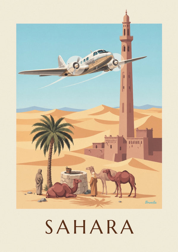 Trimotor plane over a Sahara oasis and dunes poster