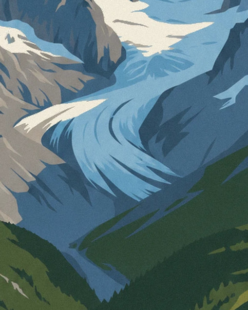 The bluish tongue of ice descending between the rock faces and fir trees