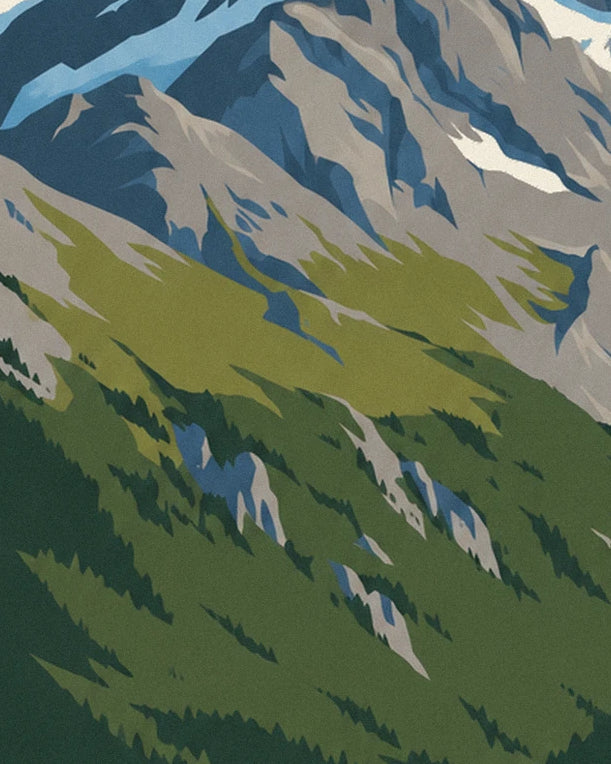 The green alpine pastures and fir forest beneath the grey rocky ridges