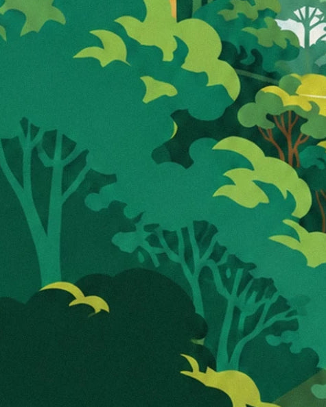 Canopée en aplats vert émeraude, touffes vert anis et arbres élancés aux troncs fins