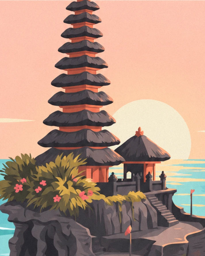 The meru with 9 thatched roofs, its pink flowers and the setting sun over the sea