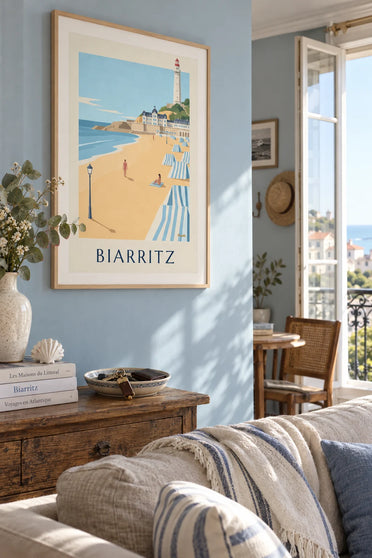 Affiche Grande Plage et Hôtel du Palais à Biarritz : encadrée au mur