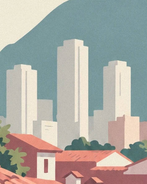 Les tours claires de Bogotá entre les toits rouges et la montagne verte