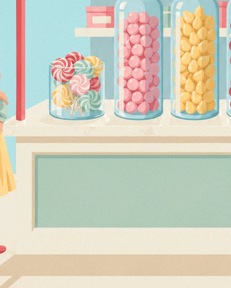 Lollipops and candy jars in a candy shop poster: close-up detail