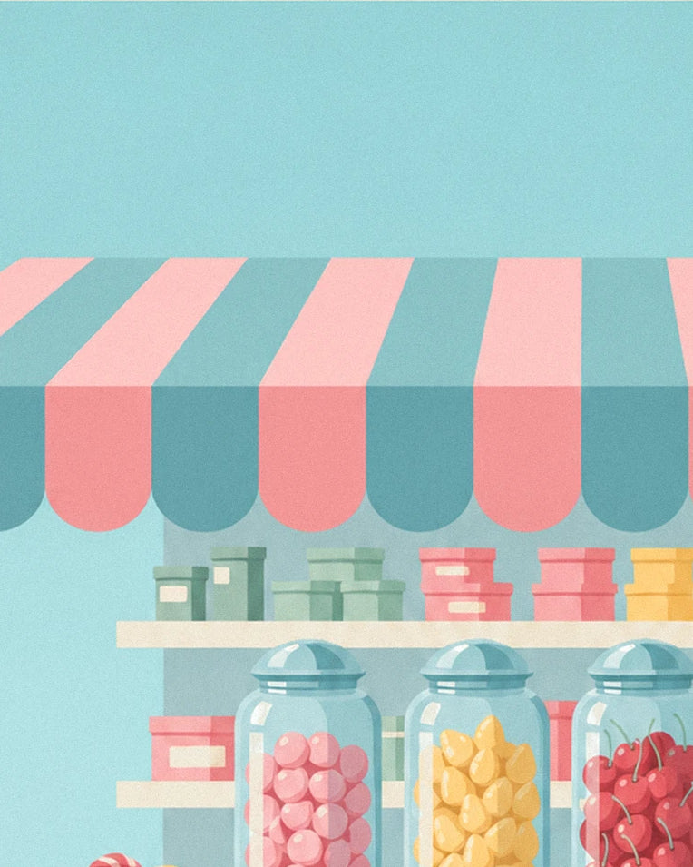 Lollipops and candy jars in a candy shop poster: close-up detail