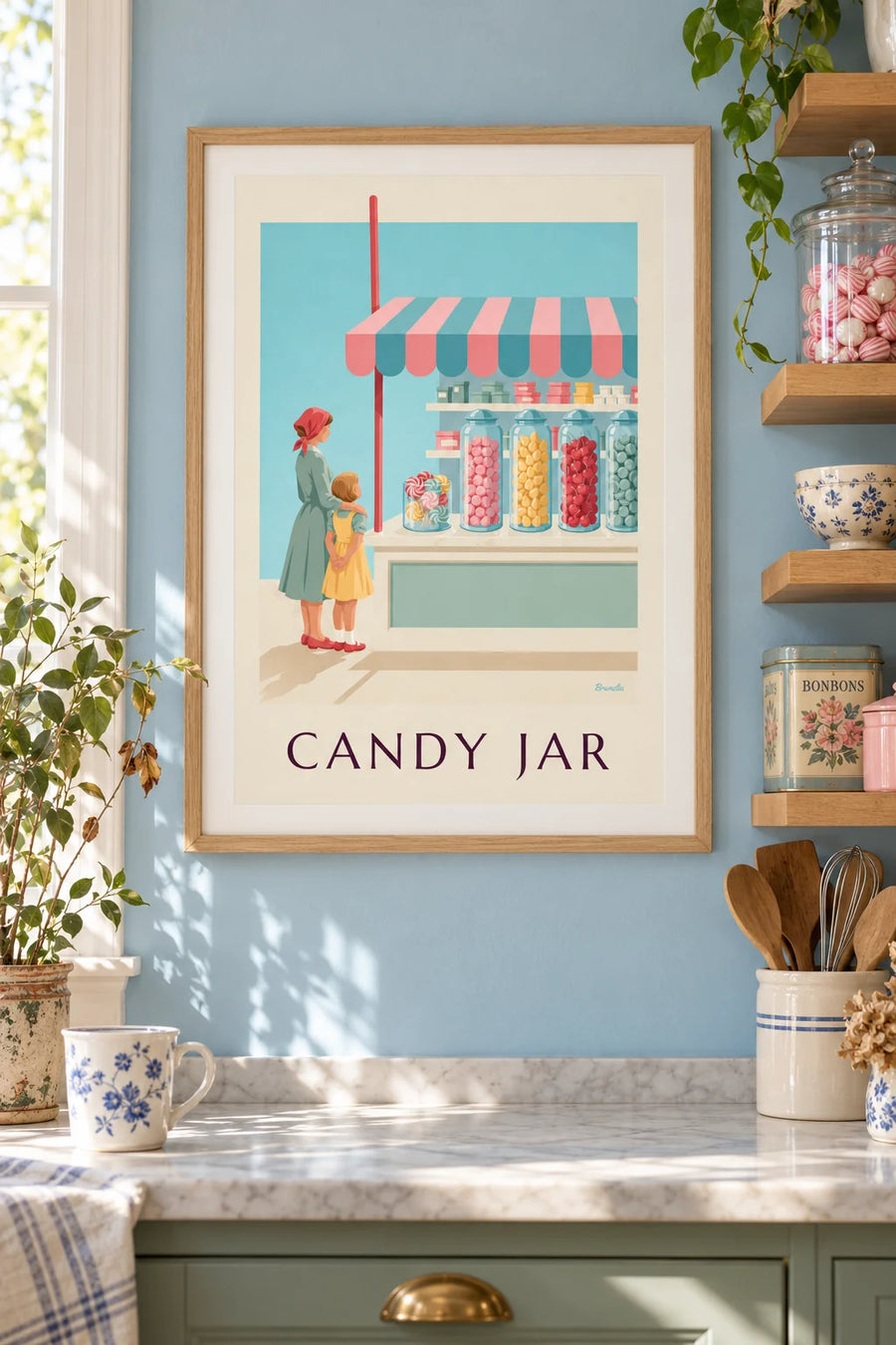 Póster de piruletas y botes de caramelos en una confitería: enmarcado en la pared