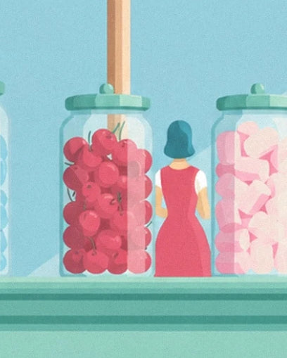 A woman in a red dress seen from behind between 2 jars of red and pink sweets