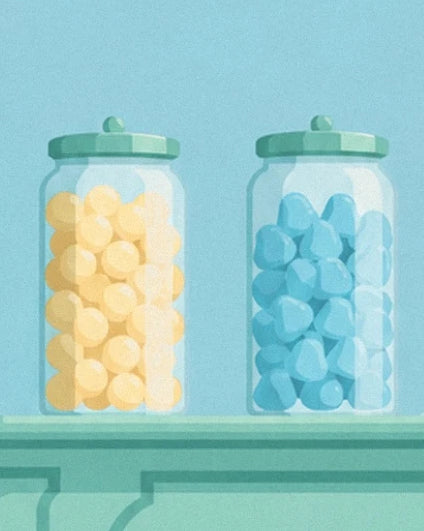 The 2 jars with green lids filled with yellow and blue sweets