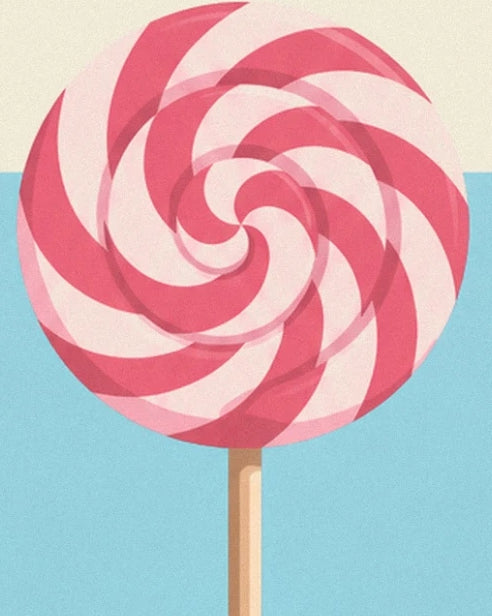 A round lollipop with pink and cream swirls on a golden stick