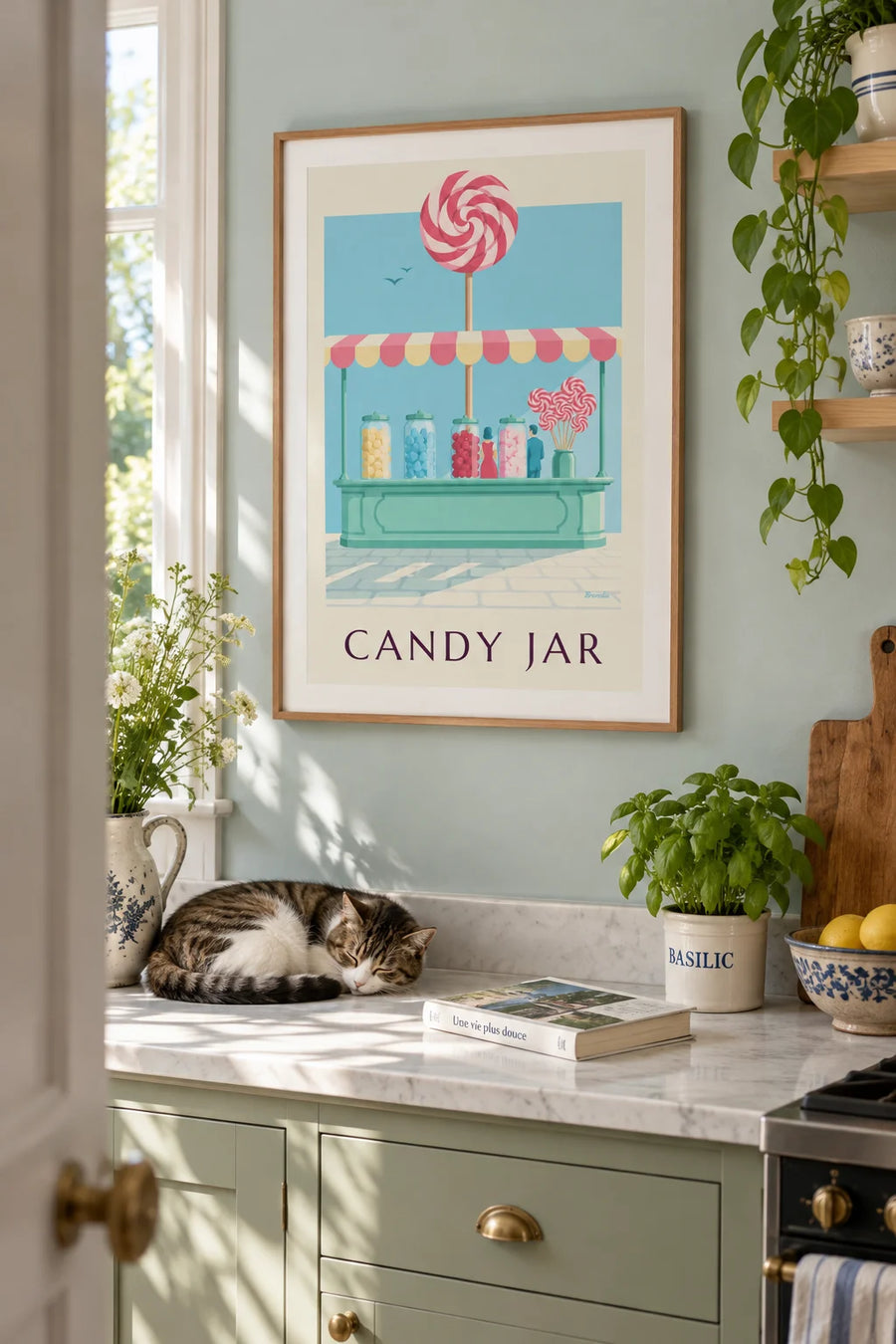 Poster of lollipops and candy jars in a candy shop: framed on the wall