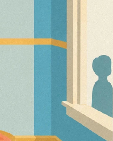A blue silhouette behind the cream window of the pastel kitchen
